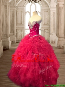 Classical Beaded and Ruffled Tulle Quinceanera Dress in Red