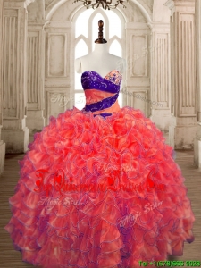 Exquisite Big Puffy Beaded and Ruffled Quinceanera Dress in Orange Red