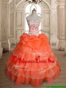 Exquisite Orange Red Big Puffy Quinceanera Dress with Ruffled Layers and Beading