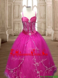 Exquisite Spaghetti Straps Beaded and Applique Quinceanera Dress in Hot Pink