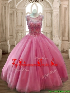 Fashionable Scoop Rose Pink Tulle Quinceanera Dress with Beading