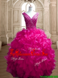 Gorgeous Deep V Neckline Beading and Ruffles Quinceanera Dress in Fuchsia