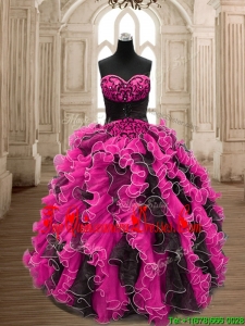 Modest Hot Pink and Black Quinceanera Dress with Beading and Ruffles