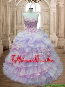 Pretty Lavender and Pink Quinceanera Dress with Ruffled Layers and Appliques