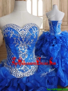 Romantic Beaded and Ruffled Royal Blue Sweet 16 Dress in Organza