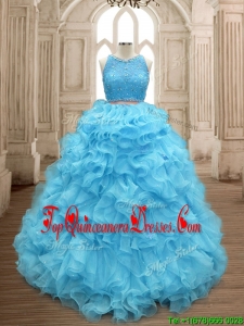 Two Piece Scoop Beaded and Ruffles Quinceanera Dress in Baby Blue