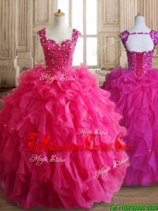 Exclusive Straps Hot Pink Quinceanera Dress with Beading and Ruffles