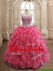 Fashionable Beaded and Ruffled Coral Red Quinceanera Dress in Organza