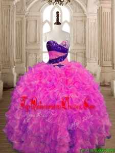 Inexpensive Big Puffy Hot Pink Quinceanera Dress with Beading and Ruffles