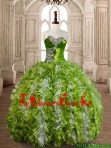 Lovely Olive Green and White Quinceanera Dress with Beading and Ruffles