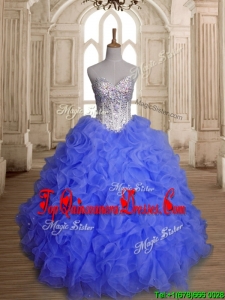 Perfect Blue Organza Quinceanera Dress with Beading and Ruffles