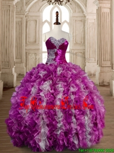 Popular Beaded and Ruffled Fuchsia and White Quinceanera Gown