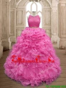 Two Piece Scoop Beaded and Ruffles Quinceanera Dress in Organza