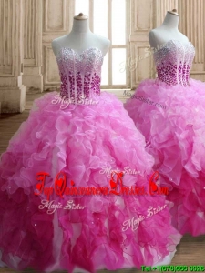 Visible Boning Beaded Bodice and Ruffled Quinceanera Dress in Gradient Color