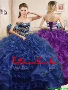 Affordable Beaded and Ruffled Organza Quinceanera Dress in Navy Blue