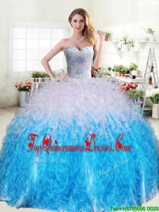 Cheap Beaded and Ruffled Quinceanera Dress in Blue and White