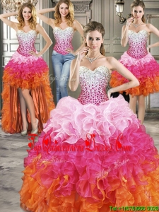 Inexpensive Rainbow Organza Detachable Quinceanera Dresses with Beading and Ruffles