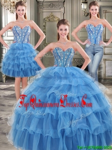 Popular Big Puffy Blue Detachable Tulle Quinceanera Dresses with Beading and Ruffled Layers