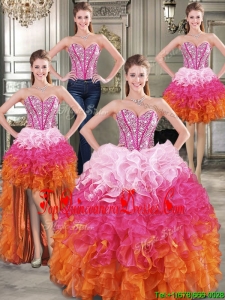 Visible Boning Beaded Bodice and Ruffled Detachable Quinceanera Dresses in Rainbow