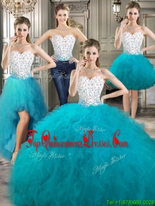 Affordable Beaded and Ruffled Detachable Quinceanera Dresses in Teal and White