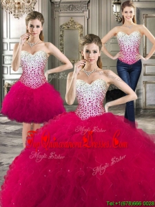 Cheap Beaded Bodice and Ruffled Detachable Quinceanera Dresses in Hot Pink