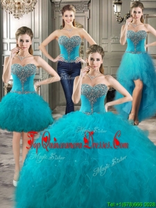 Classical Big Puffy Teal Detachable Quinceanera Dresses with Beading and Ruffles