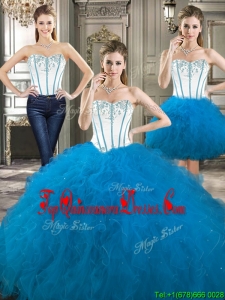 Exclusive Beaded and Ruffled Detachable Quinceanera Dresses in Blue and White