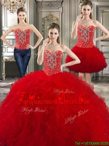 Fashionable Beaded and Ruffled Detachable Quinceanera Dresses in Red