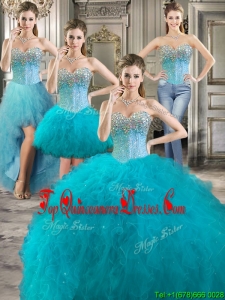 Modern Beaded Bodice and Ruffled Detachable Quinceanera Dresses in Teal