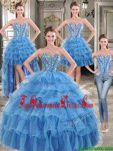 Modest Beaded and Ruffled Layers Detachable Quinceanera Dresses in Blue