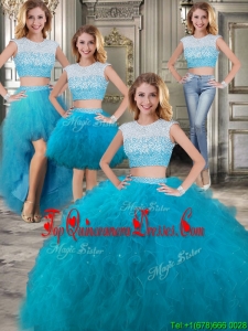 Modest Scoop Cap Sleeves Teal Detachable Sweet 16 Dresses with Beading and Ruffles