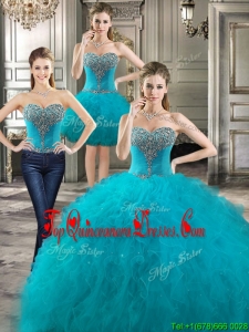 Perfect Beaded and Ruffled Detachable Quinceanera Dresses in Teal