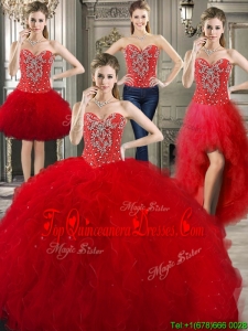 Romantic Tulle Red Detachable Sweet 16 Dresses with Beading and Ruffles