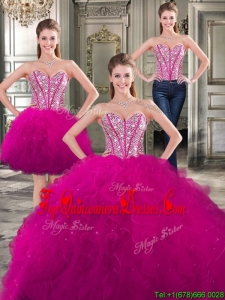 Wonderful Beaded and Ruffled Detachable Quinceanera Dresses in Fuchsia