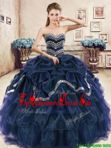 Modest Navy Blue Organza Quinceanera Dress with Beading and Pick Ups