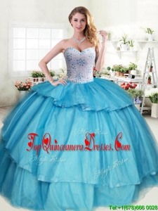 Sweet Beaded and Ruffled Layers Quinceanera Dress in Aqua Blue