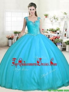 Affordable Aqua Blue Tulle Quinceanera Dress with Beading