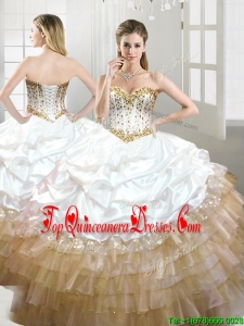 Fashionable Beaded and Pick Ups Quinceanera Dress in White and Gold