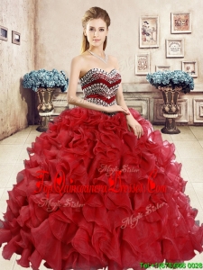 New Style Organza Red Sweet 16 Dress with Beading and Ruffles