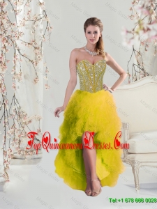 2016 Gorgeous High Low Sweetheart Yellow Dama Dresses with Beading and Ruffles