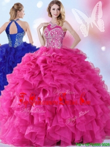 2017 Classical Halter Top Hot Pink Quinceanera Dress with Beading and Ruffles