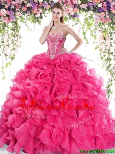 2017 Elegant Big Puffy Hot Pink Quinceanera Dress with Ruffles and Beading