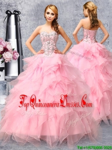 2017 Popular Beaded and Ruffled Organza Quinceanera Dress in Rose Pink