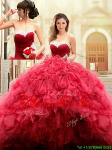 2017 Puffy Skirt Sweetheart Beaded Top and Ruffled Quinceanera Gown in Red