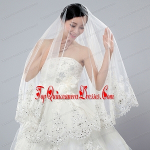 2014 Cheap Two-Tier White Fingertip Veil with Lace Edge