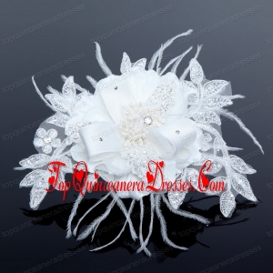 2014 White Pearl Lace and Feather Wedding Hair Flowers