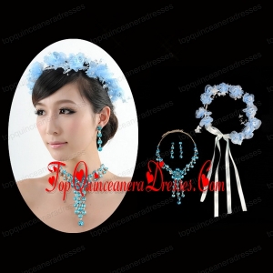 Blue Flowers Rhinestone Jewelry Set Including Necklace And Earrings