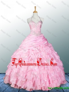 2016 Pretty Halter Top Pink Quinceanera Dresses with Appliques