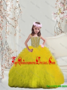 2016 Spring Perfect Yellow Spaghetti Little Girl Pageant Dresses with Beading and Ruffles