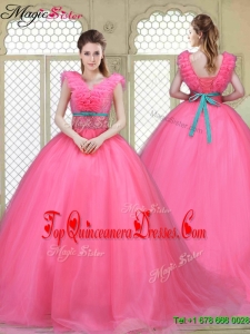 2016 Fall Fashionable Brush Train Quinceanera Dresses in Hot Pink